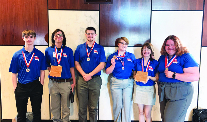 Photo Courtesy of Reeds Spring School District

Photo (L to R) - Spencer Huff, Jasper Atchison, Bobbee Carlile, Kadyn Bilberry, Katie Goss, and Hannah Jeter won state titles for Reeds Spring High School at the Missouri Technology Student Association Championships.